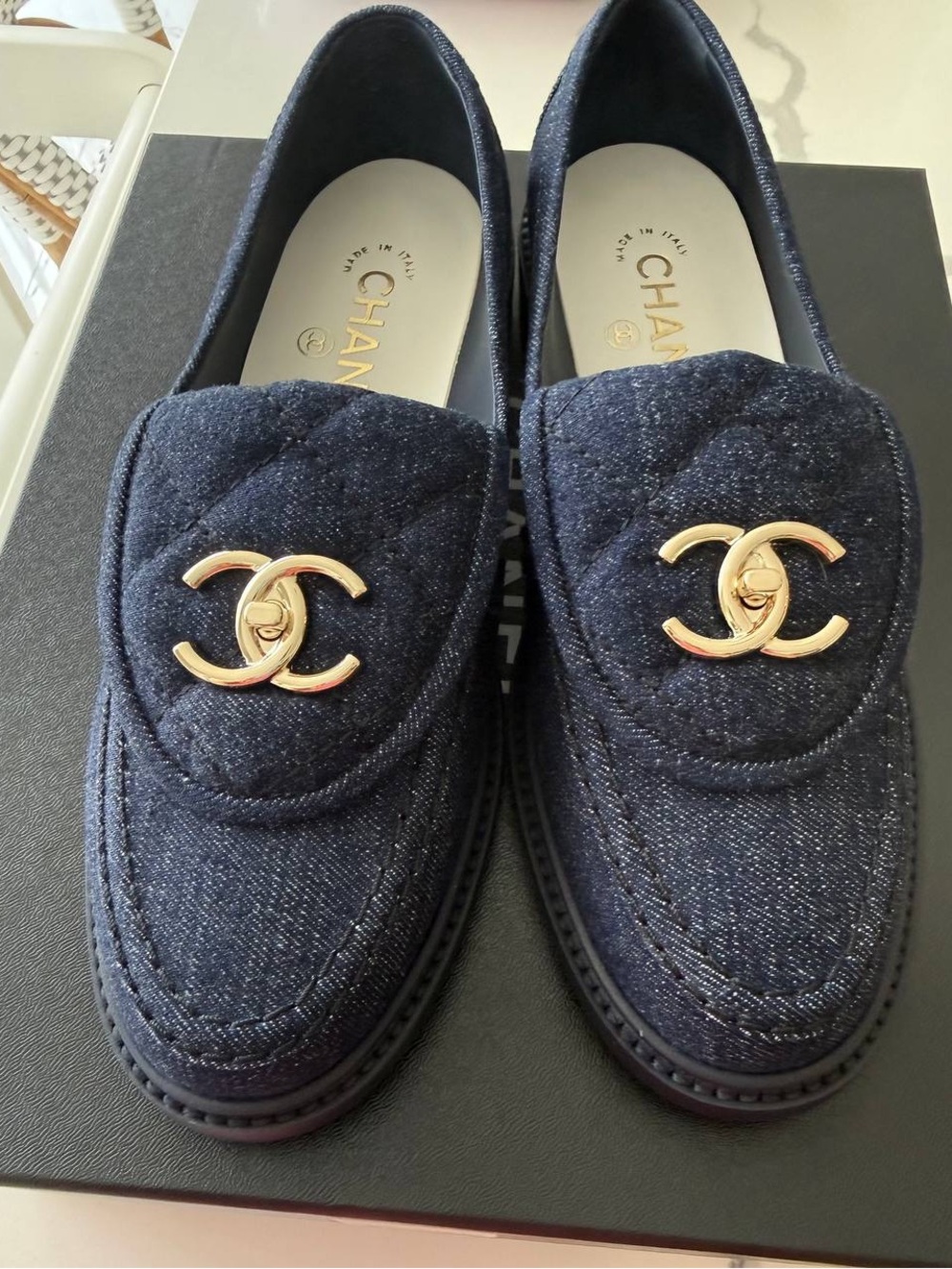 CHANEL Quilted Dark Blue Denim Loafers with Gold CC turnlock